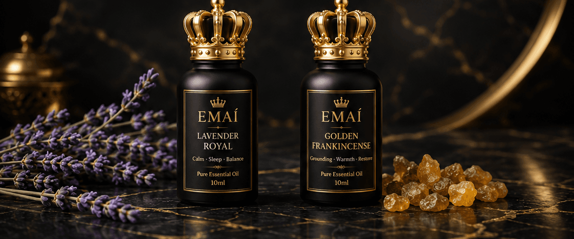 Lavender Royal and Golden Frankincense Emaí bottles